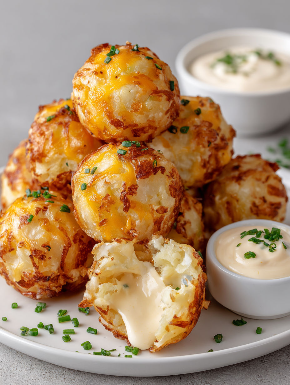 A plate of mashed potato balls with a dipping sauce.
