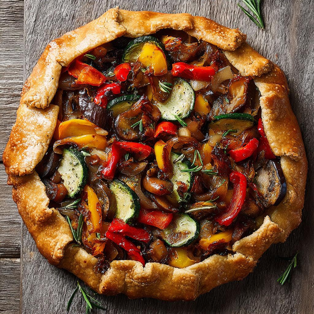 A vegan roasted vegetable galette on a wooden table.