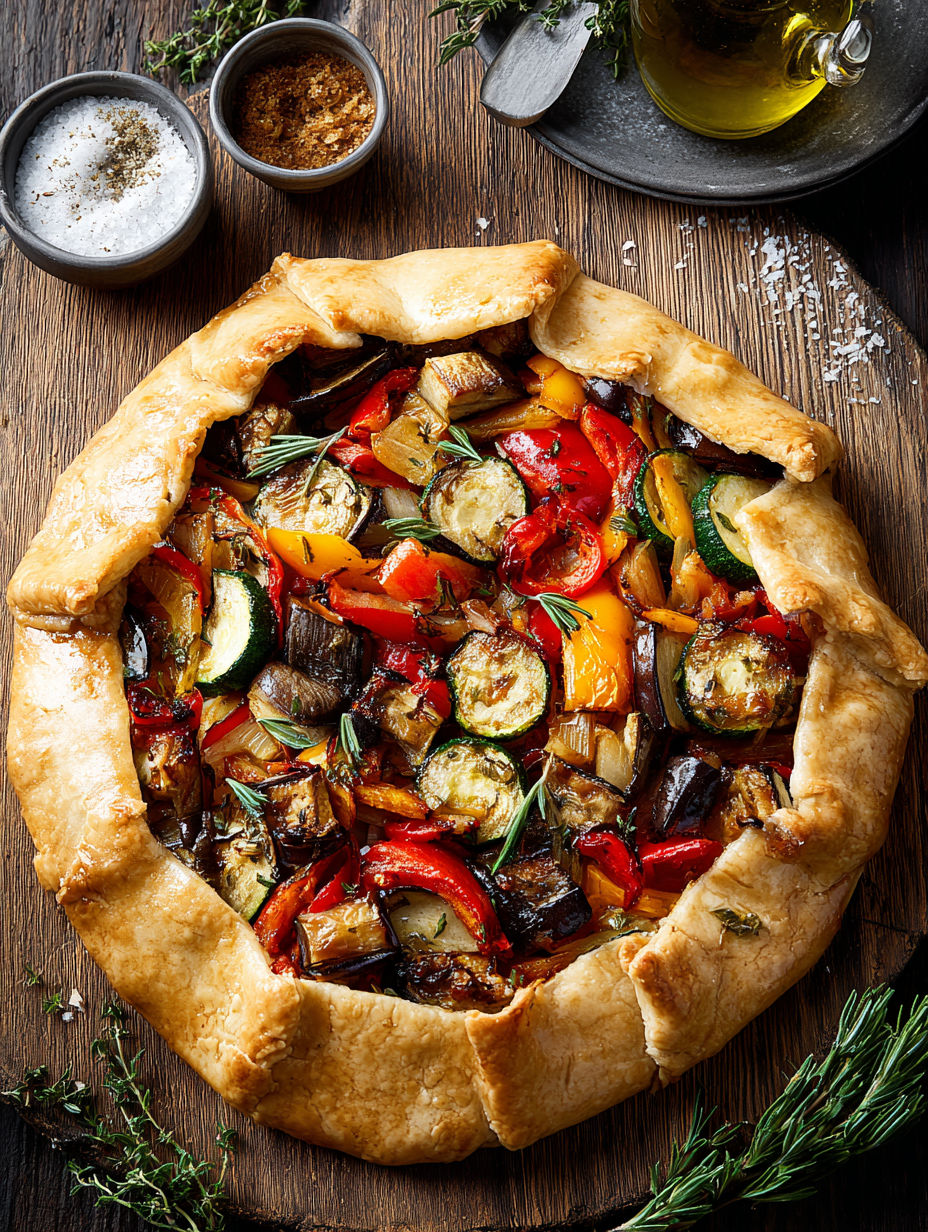 A vegan roasted vegetable galette with a variety of vegetables.