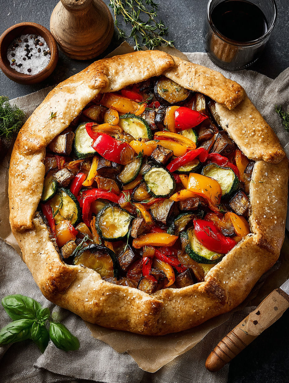 A vegan roasted vegetable galette with a variety of vegetables.