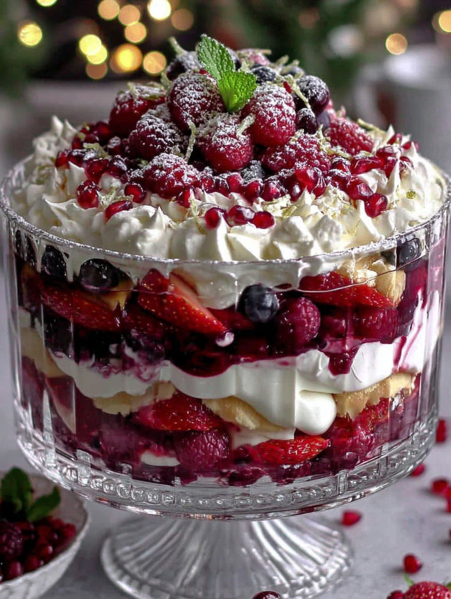 A Christmas Pavlova Trifle is displayed in a glass dish.