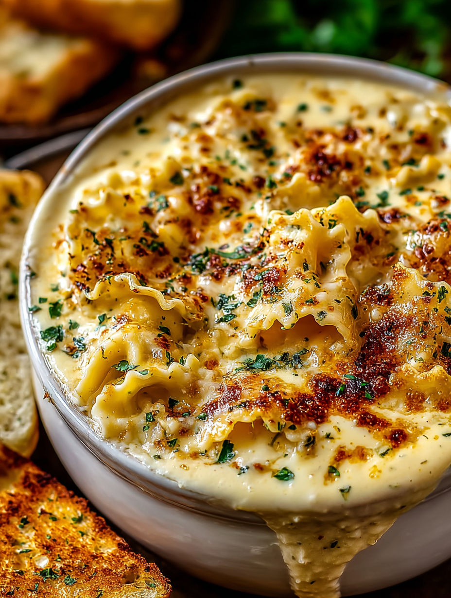 A bowl of creamy alfredo lasagna soup.