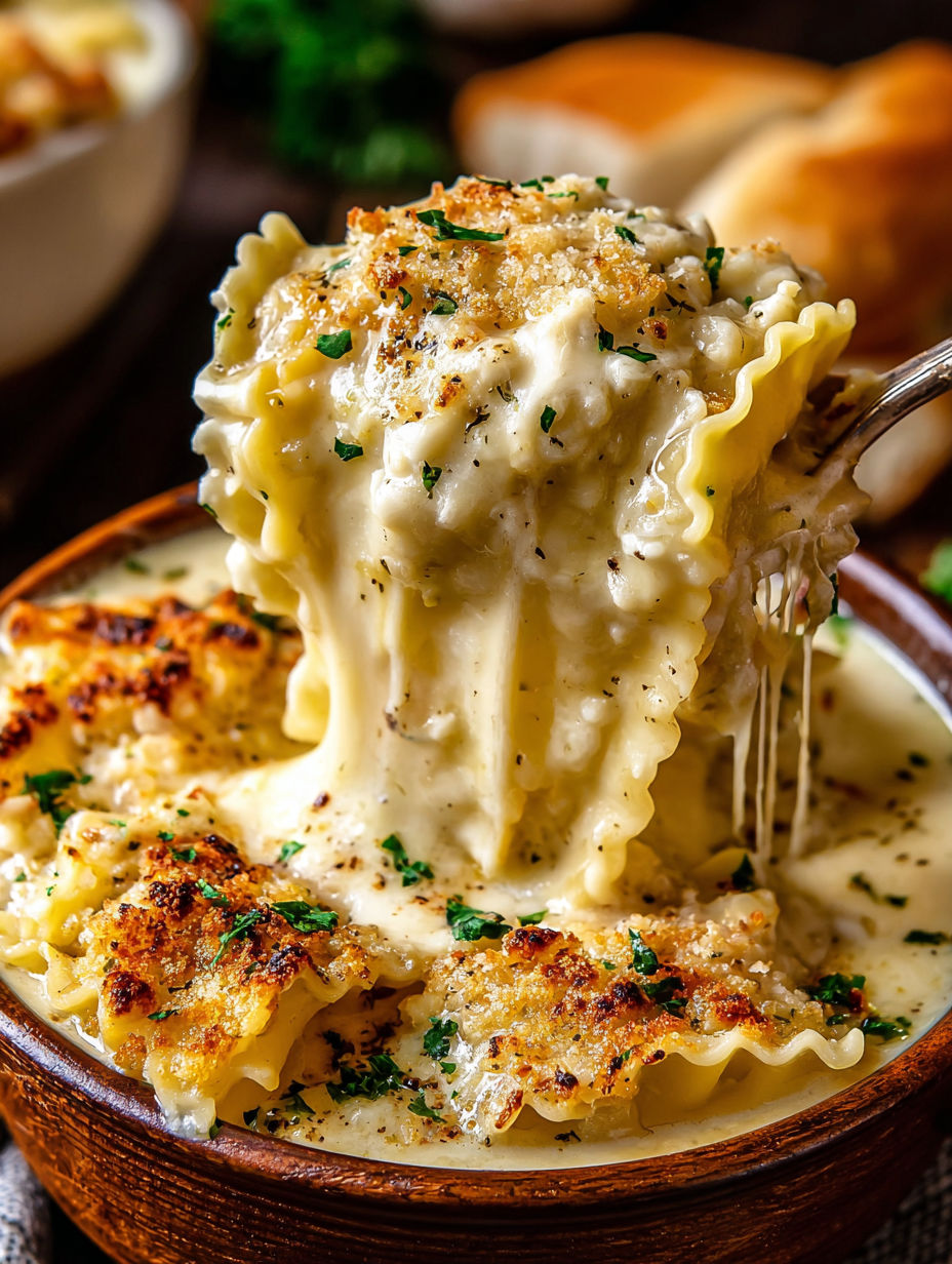 A bowl of creamy alfredo lasagna soup.