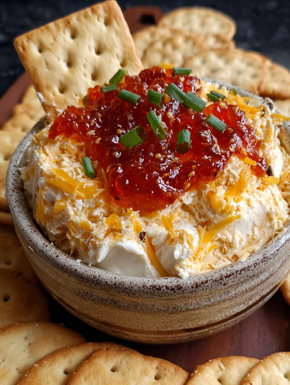A bowl of cheese dip with pepper jelly on top.