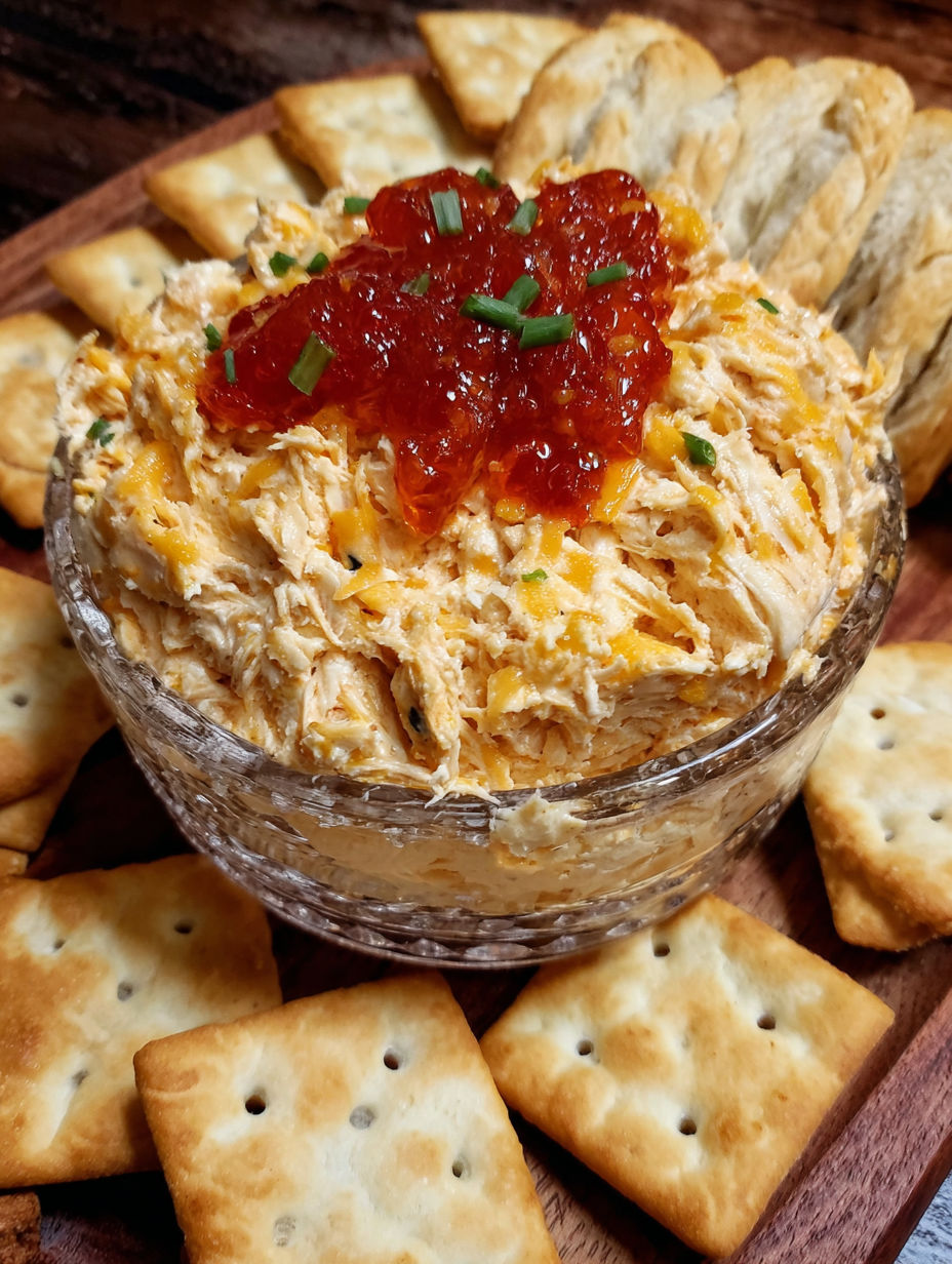 A bowl of cheese dip with jelly and crackers.