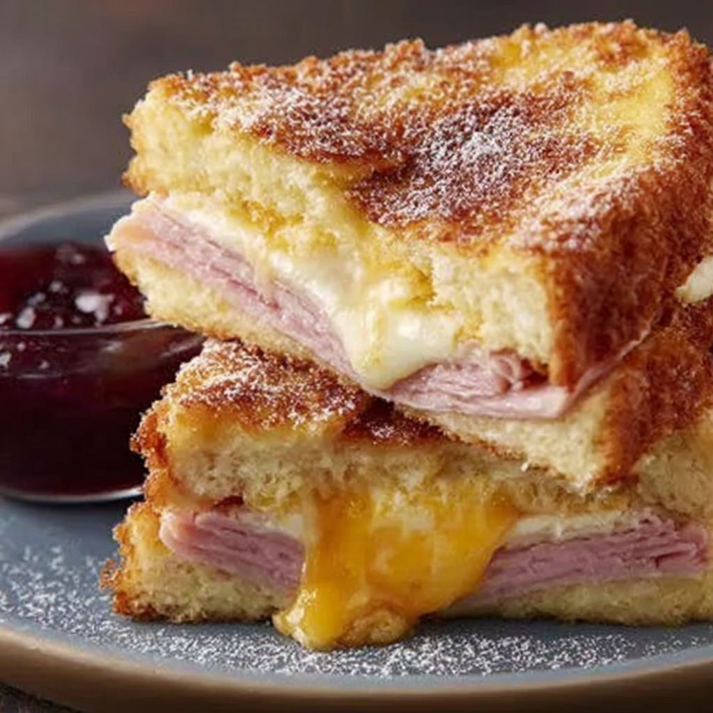 A delicious Monte Cristo sandwich with cheese and ham.