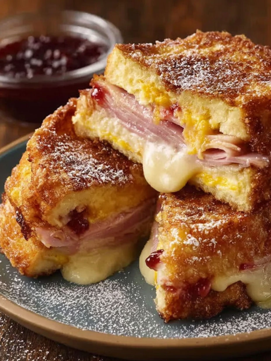A delicious Monte Cristo sandwich with cheese and jelly.