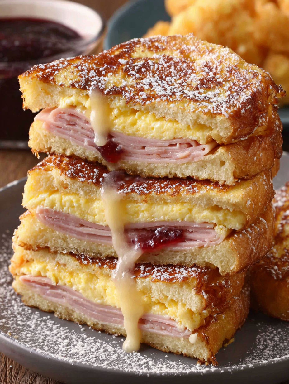 A stack of Monte Cristo sandwiches.