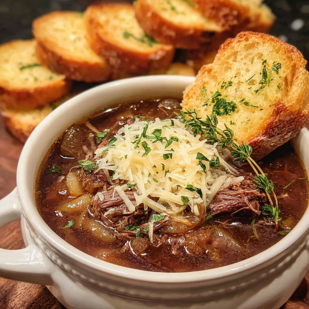 A bowl of French Onion Beef Short Rib Soup with a slice of bread on top.