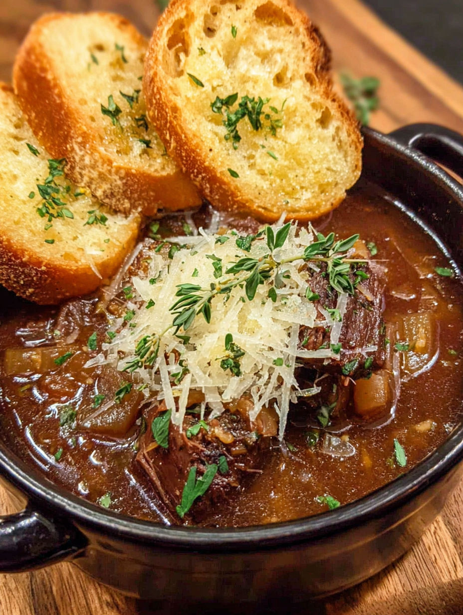 A bowl of French Onion Beef Short Rib Soup with a piece of meat on top.