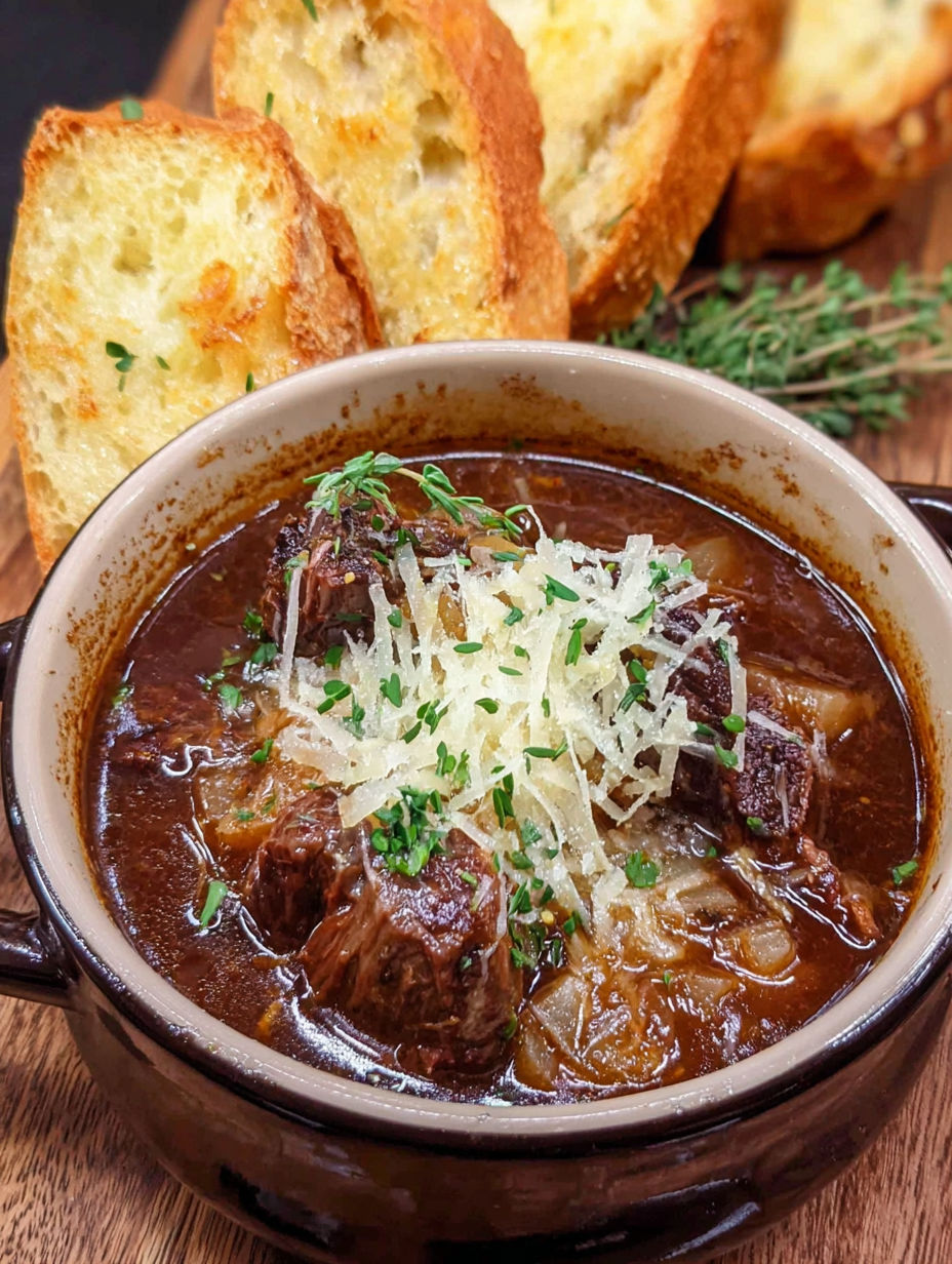 A bowl of French Onion Beef Short Rib Soup.