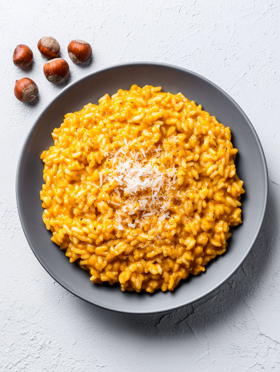A bowl of creamy pumpkin risotto with cheese on top.