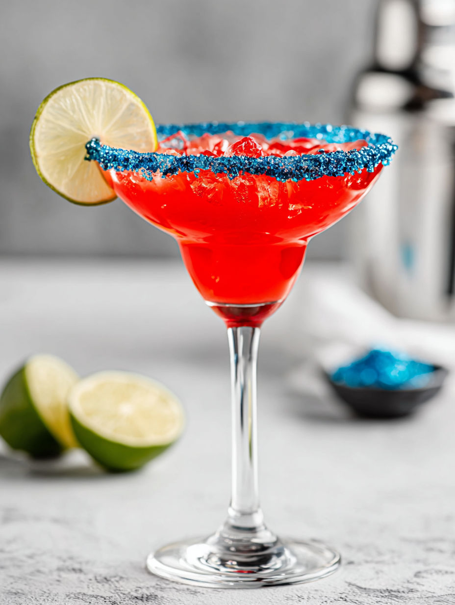 A glass of red liquid with blue sprinkles.