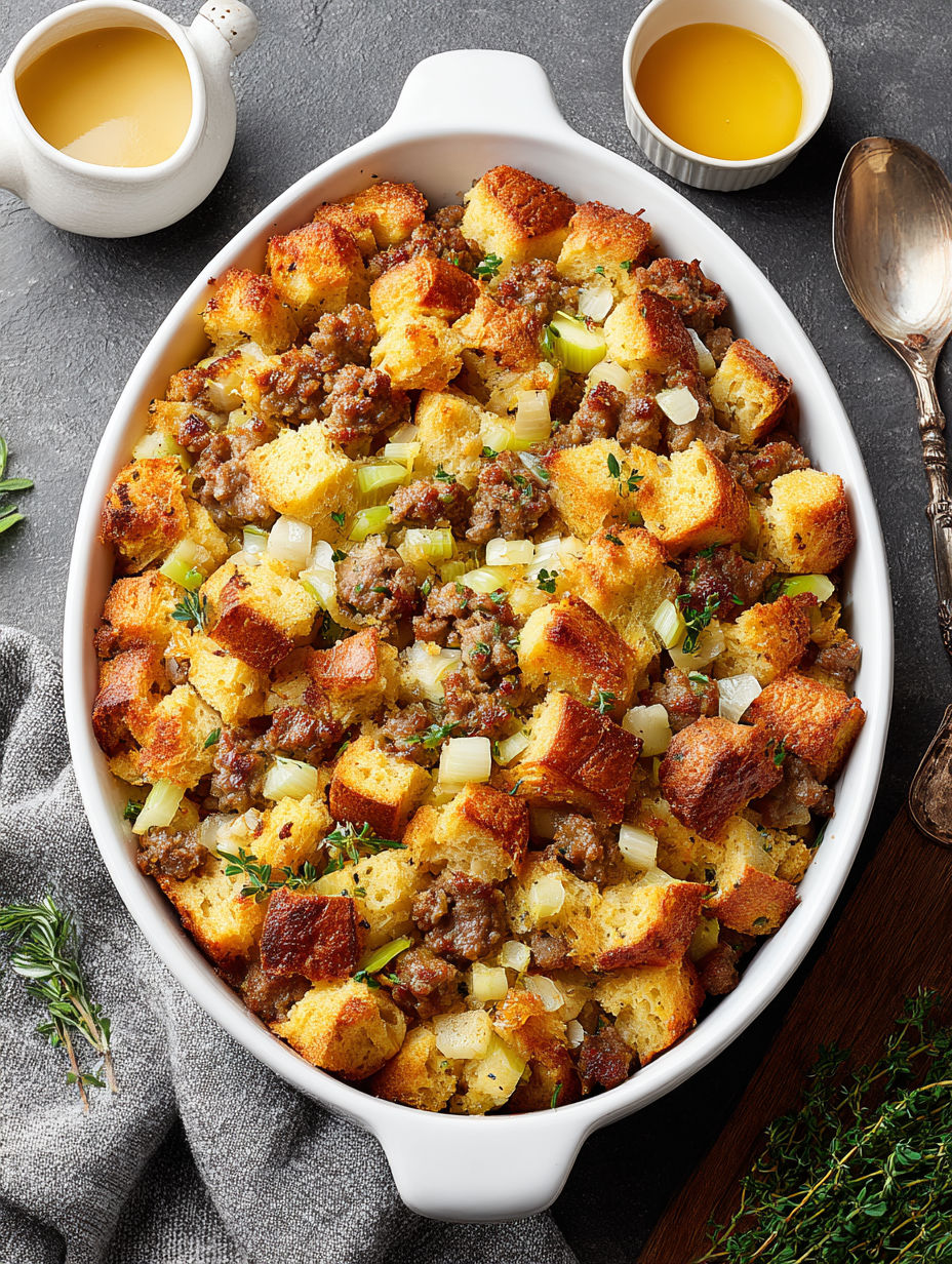 A white bowl filled with a savory sausage stuffing.