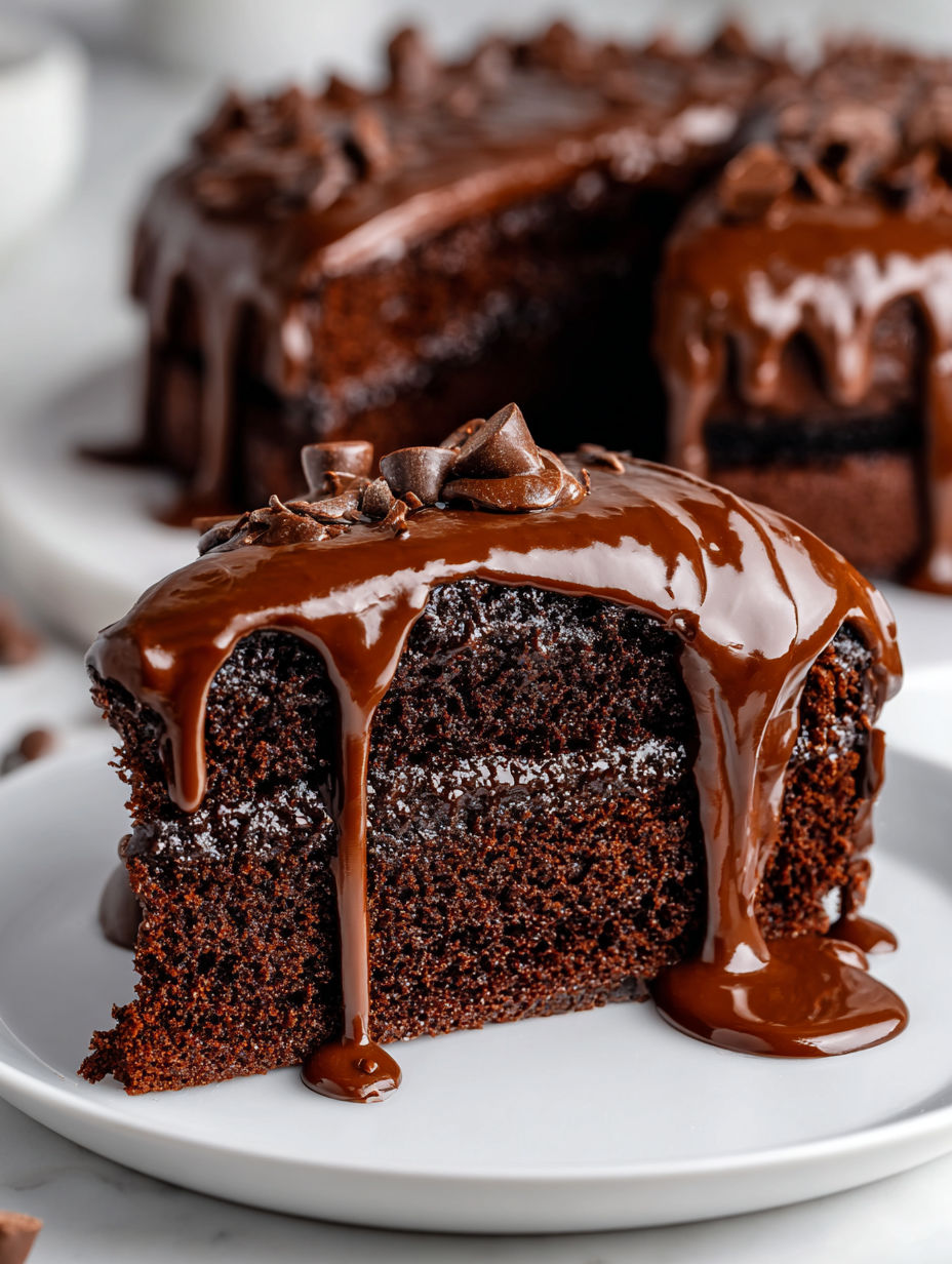A slice of chocolate cake with chocolate ganache drizzled on top.