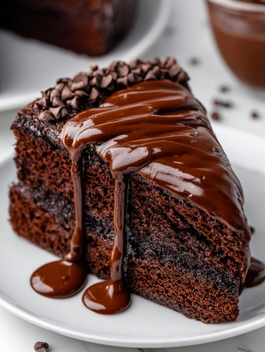 A slice of chocolate cake with chocolate ganache drizzled on top.