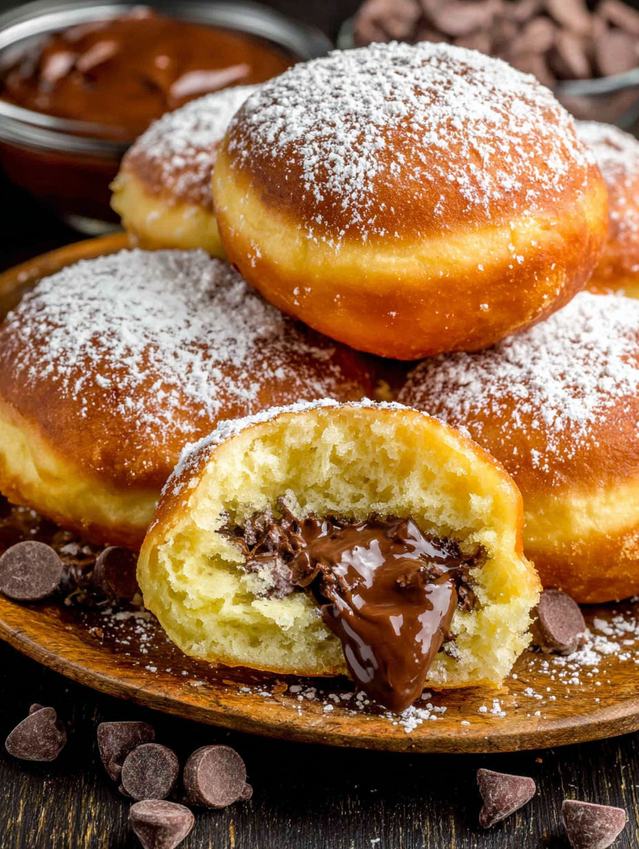 A plate of chocolate filled donuts.