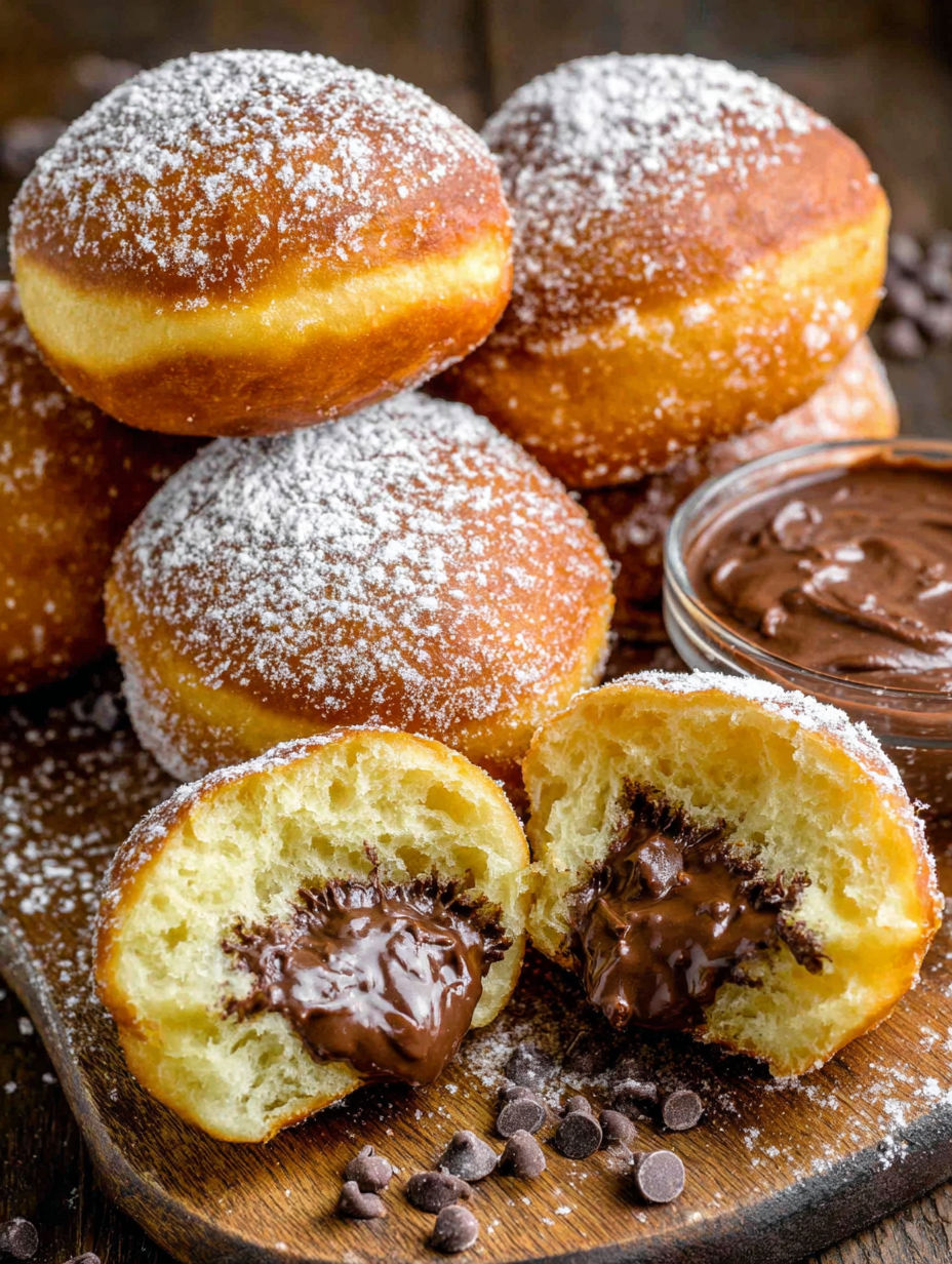 Chocolate filled donuts on a table.
