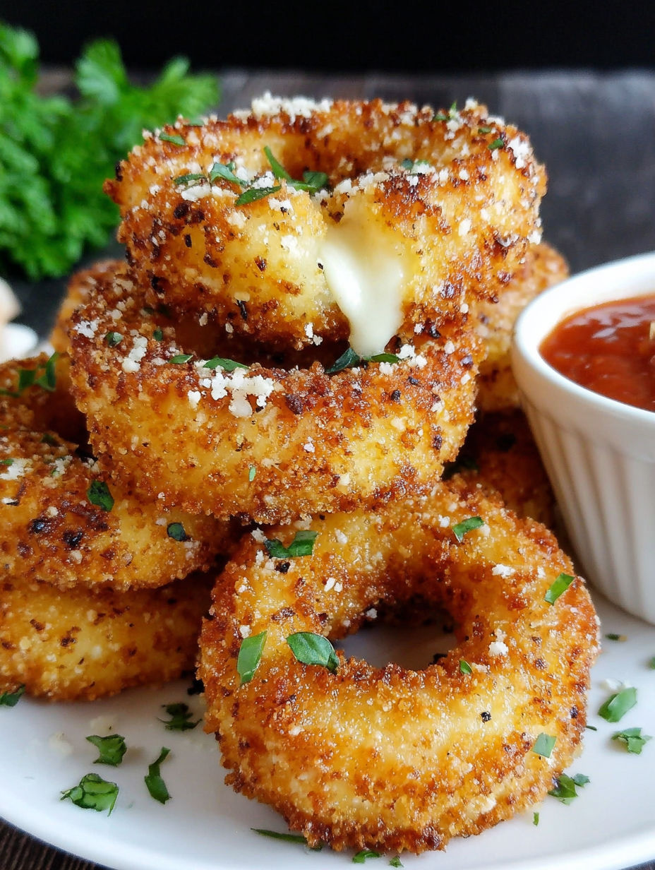 Mozzarella sticks on top of onion rings.