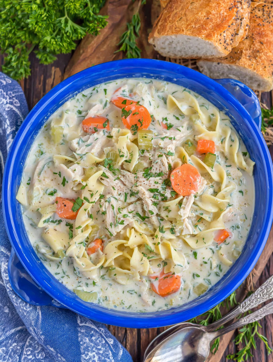 A bowl of creamy chicken noodle soup.