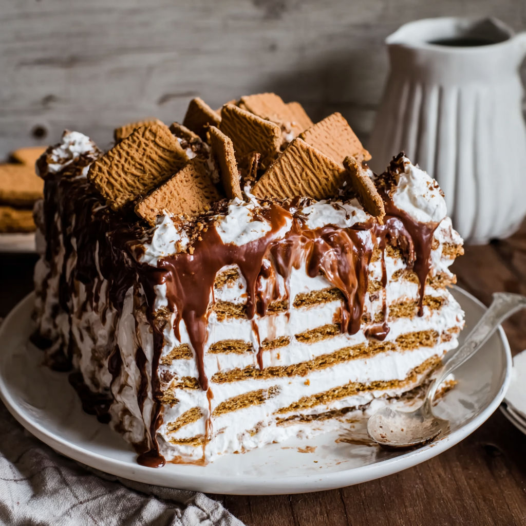 A slice of Nutella Biscoff Icebox Cake.