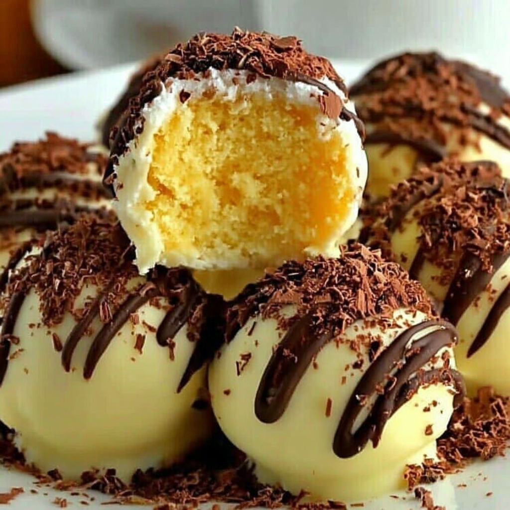 Tiramisu truffles with chocolate drizzle.