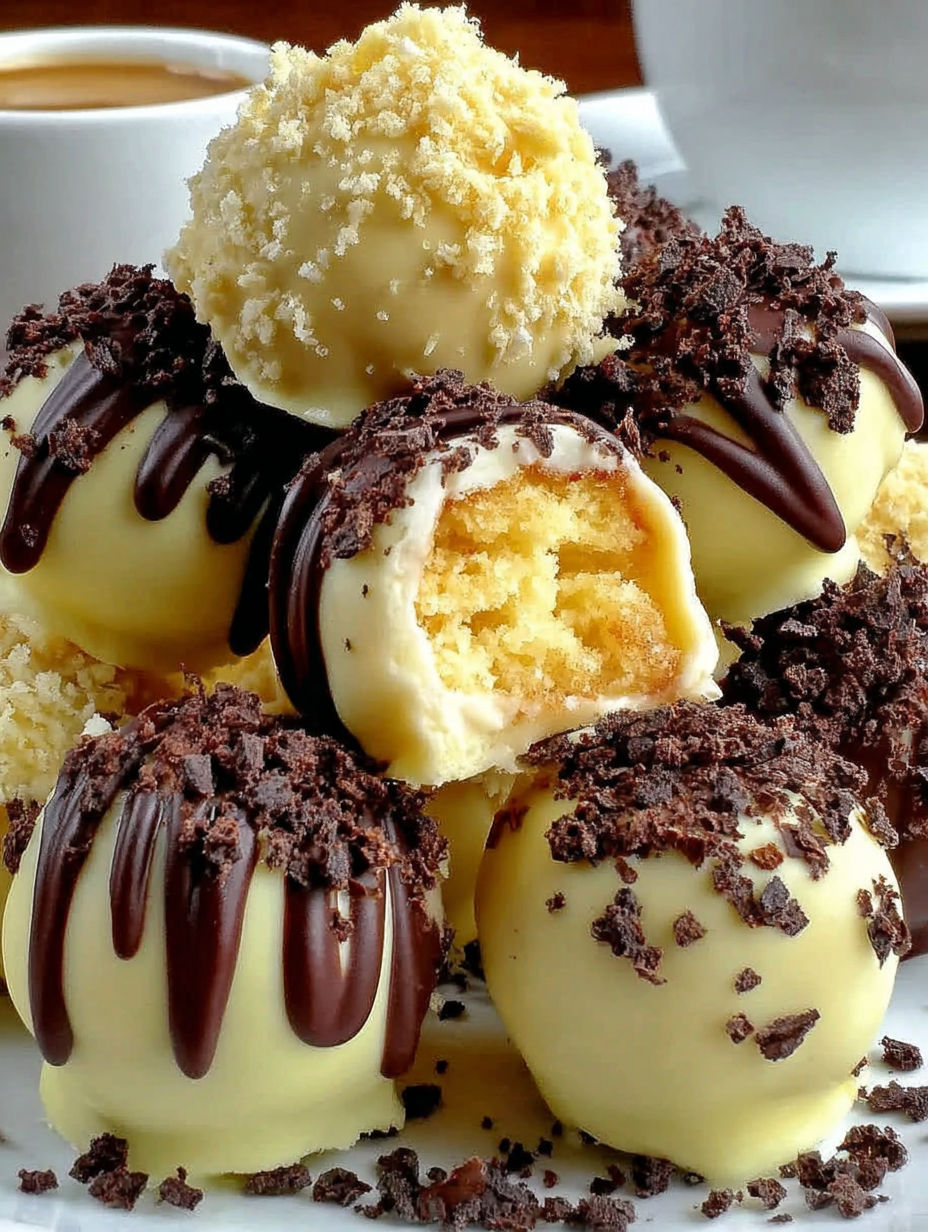 Tiramisu truffles with chocolate drizzle.