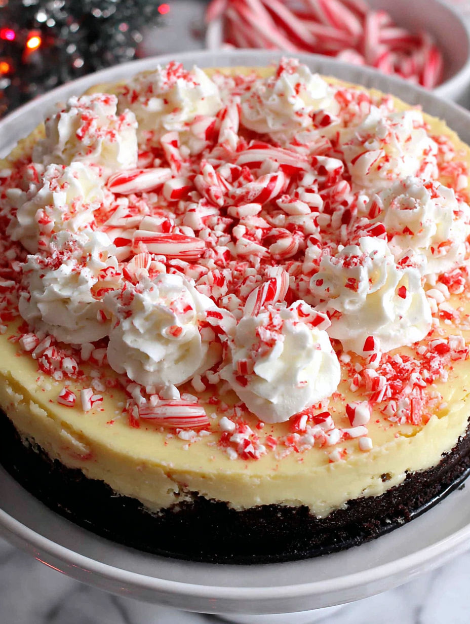 A slice of peppermint cheesecake on a plate.