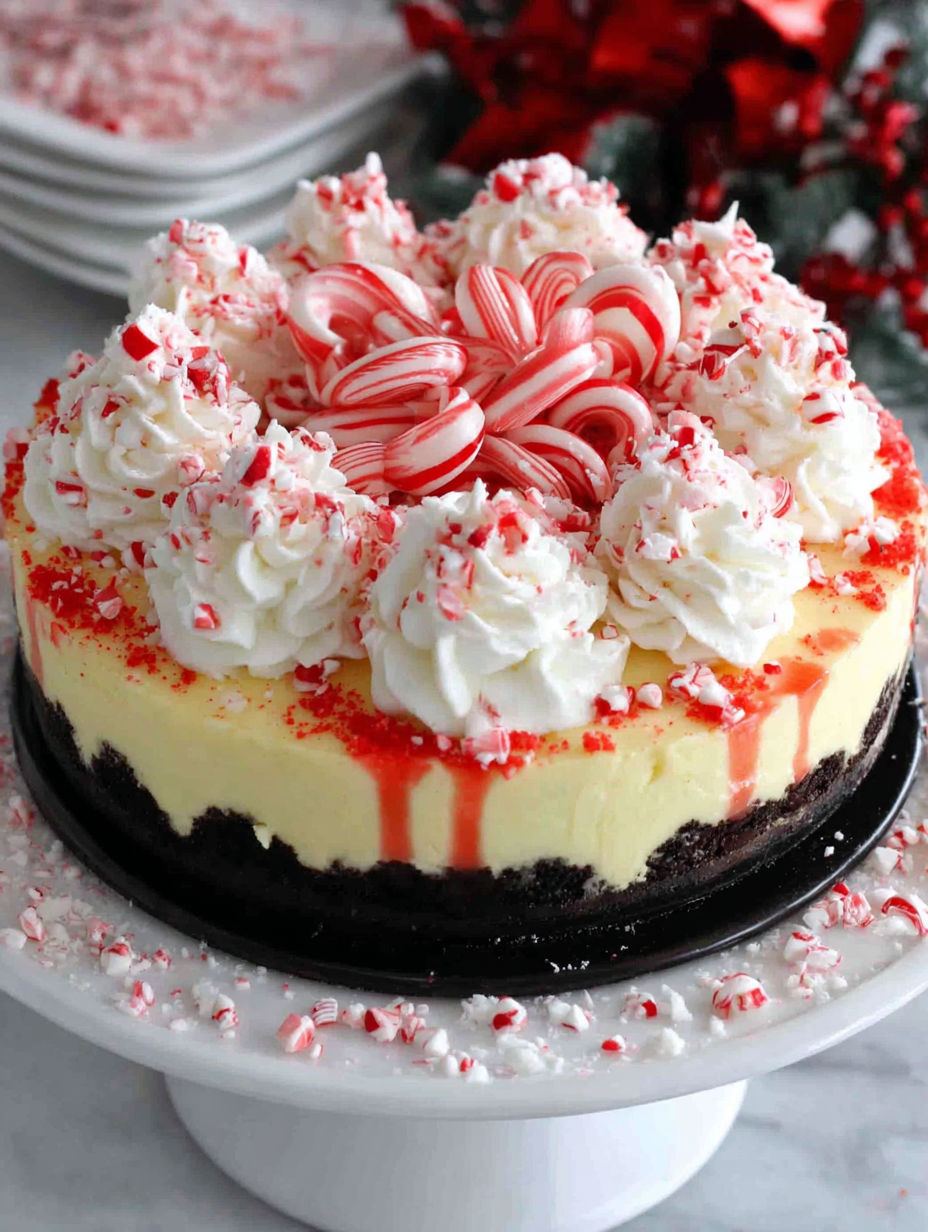 A slice of peppermint cheesecake on a plate.