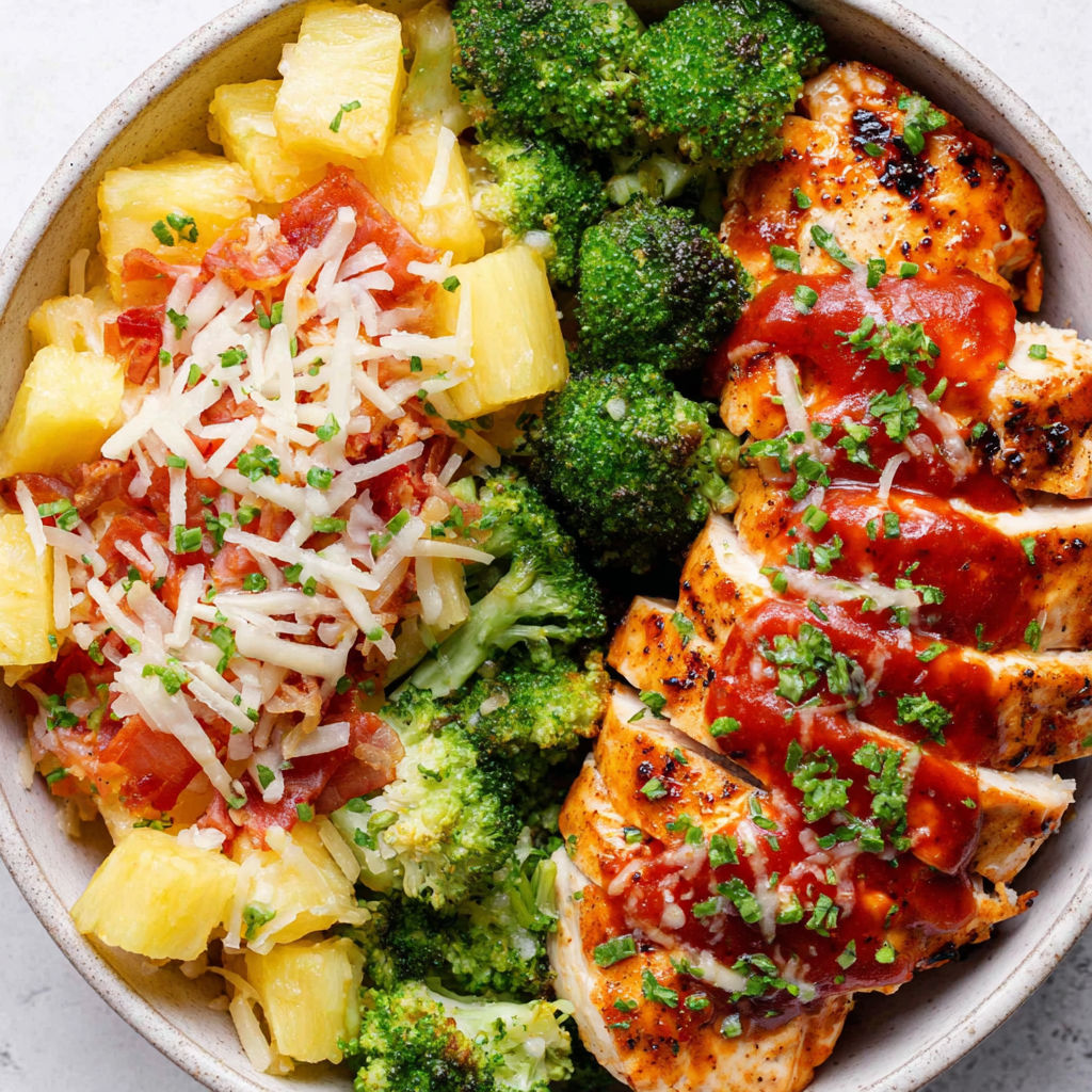 A bowl of chicken and pineapple.