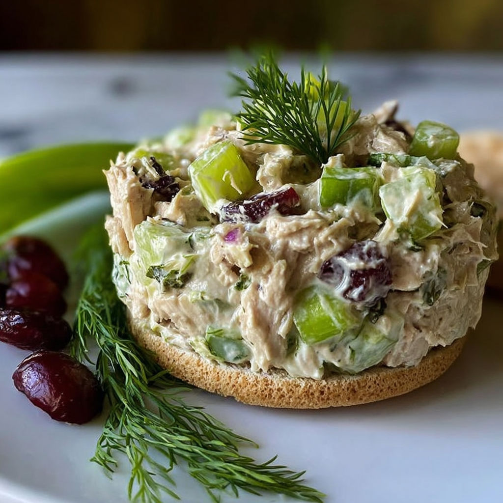 A plate with a tuna salad on a white plate.