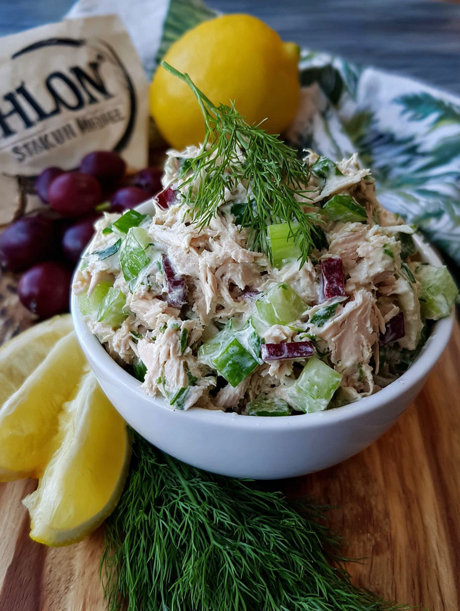A bowl of tuna salad with green vegetables.