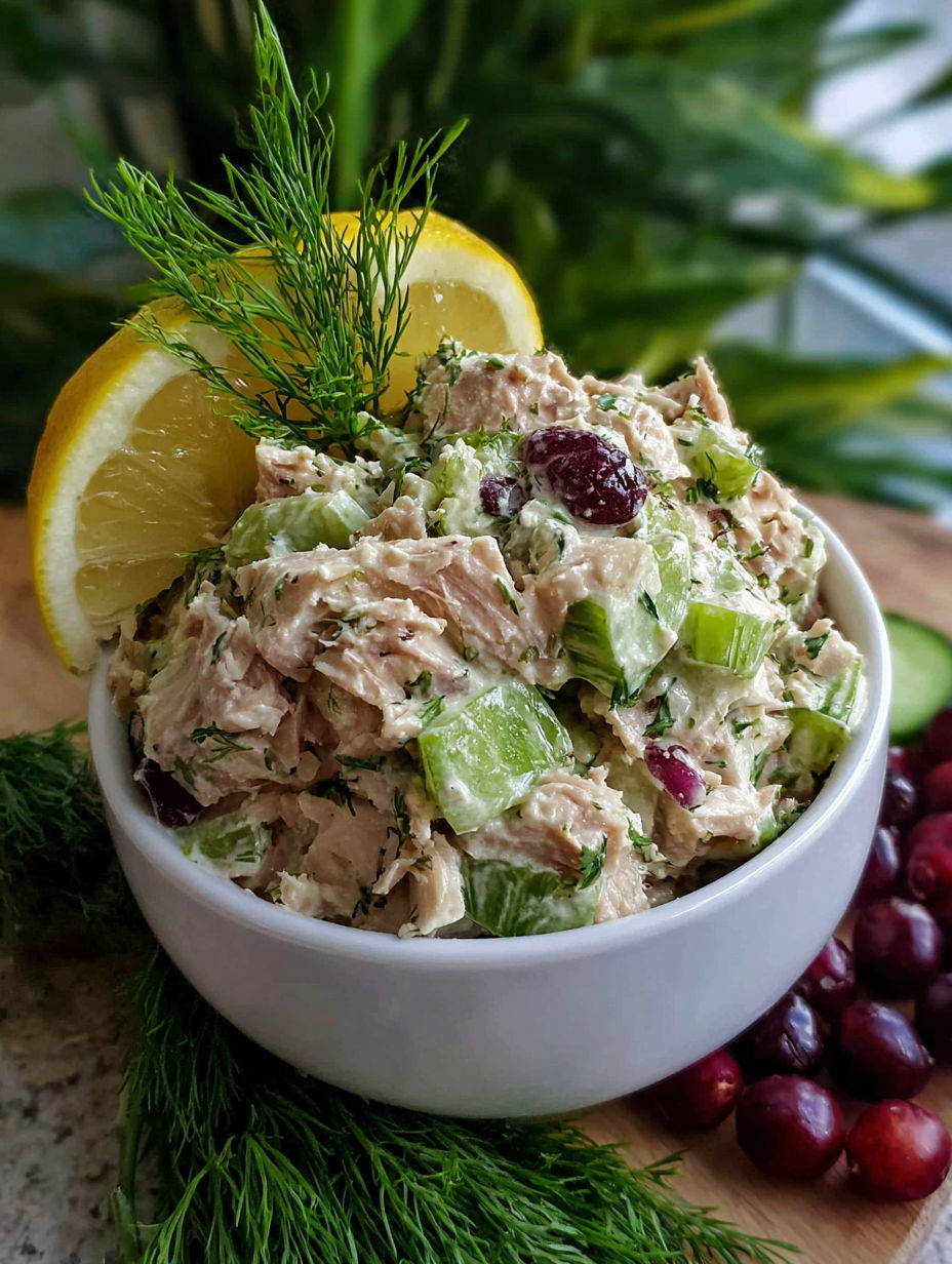 A bowl of Greek yogurt tuna salad with a lemon wedge on top.
