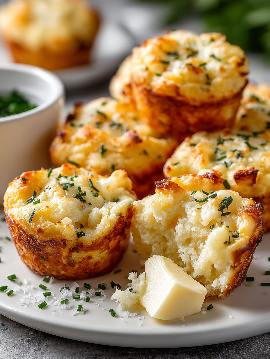 A plate of muffins with a piece missing.