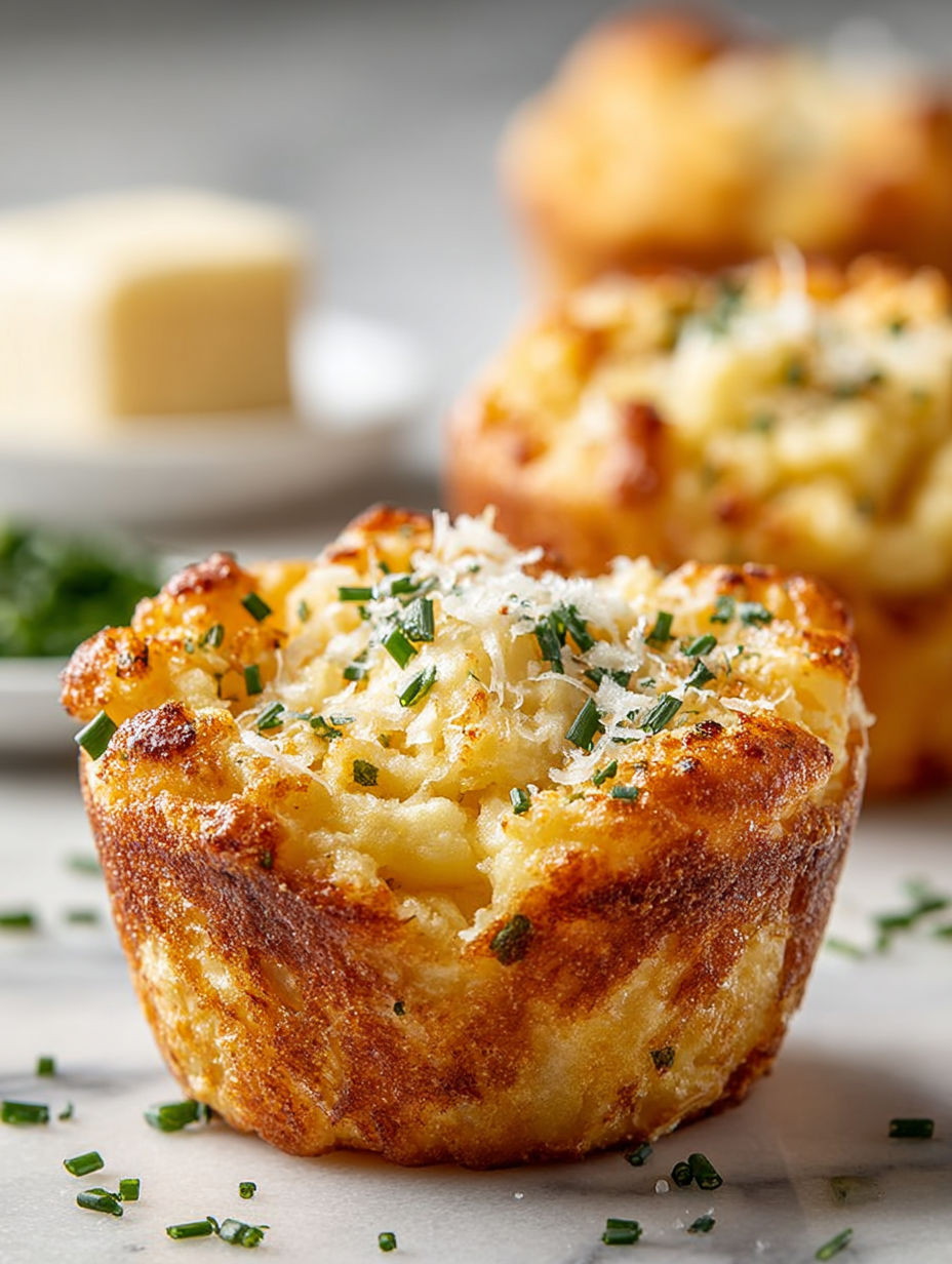 Two muffins with cheese and herbs on top.