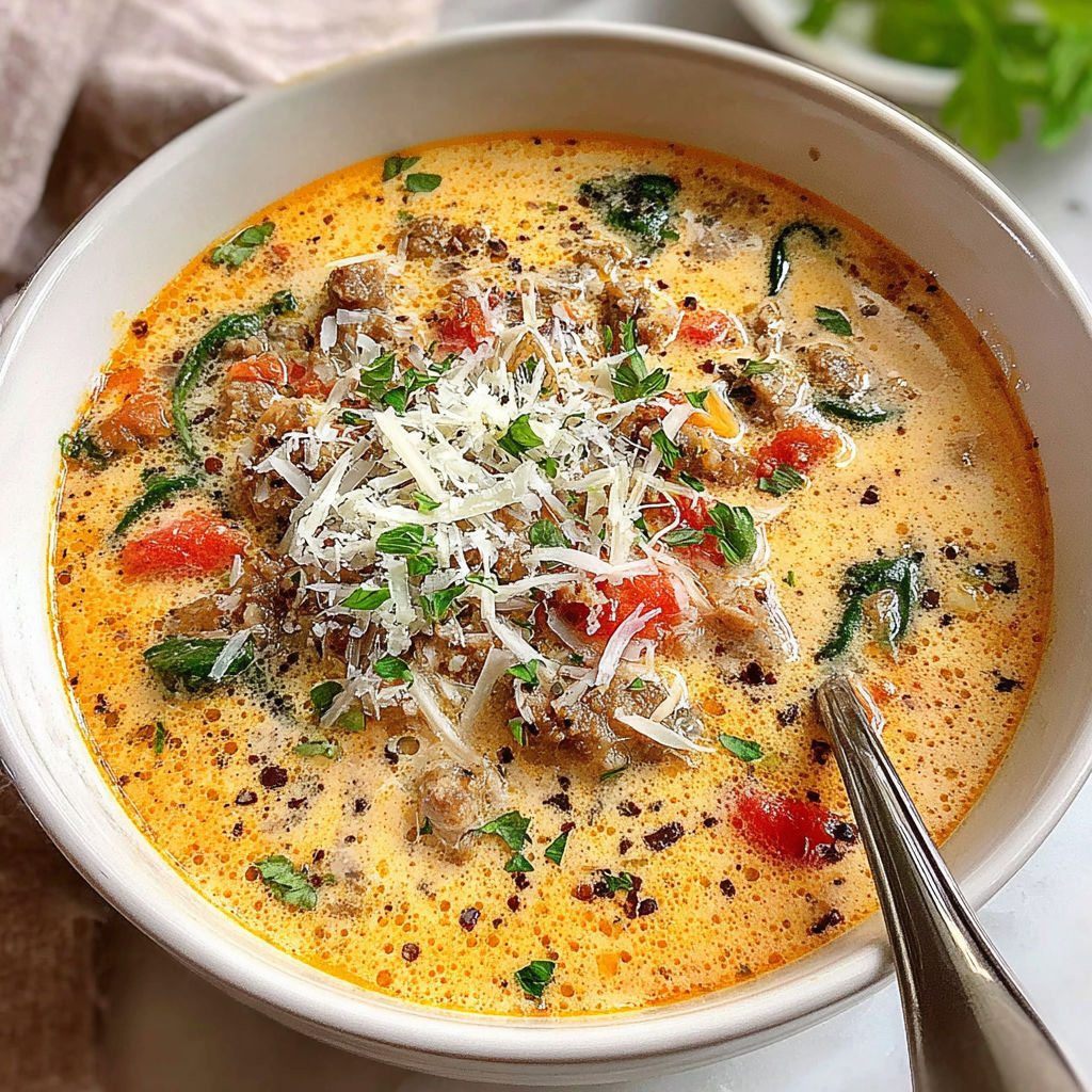 A bowl of soup with cheese and tomatoes.