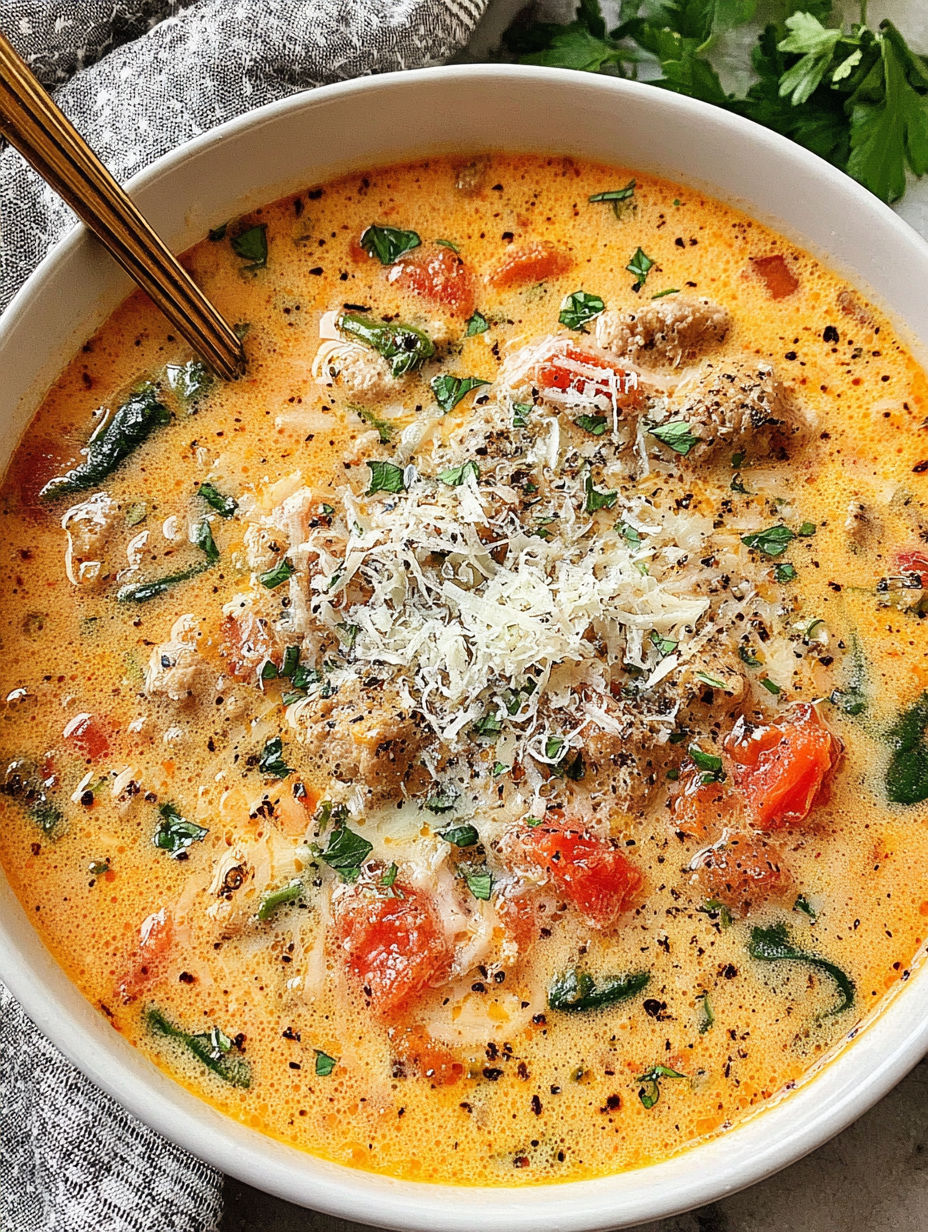 A bowl of soup with tomatoes, spinach, and cheese.