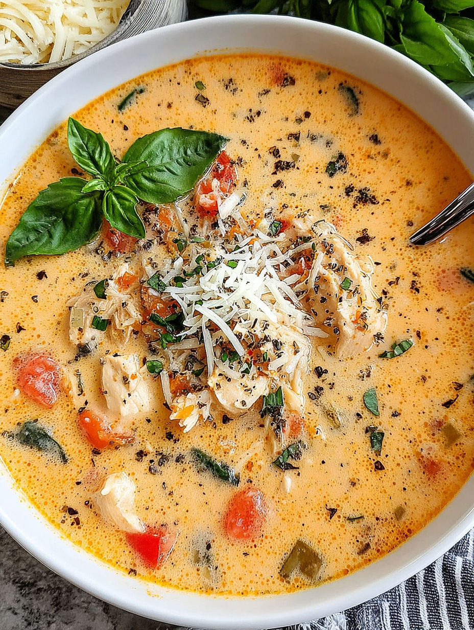 A bowl of soup with chicken and tomatoes.