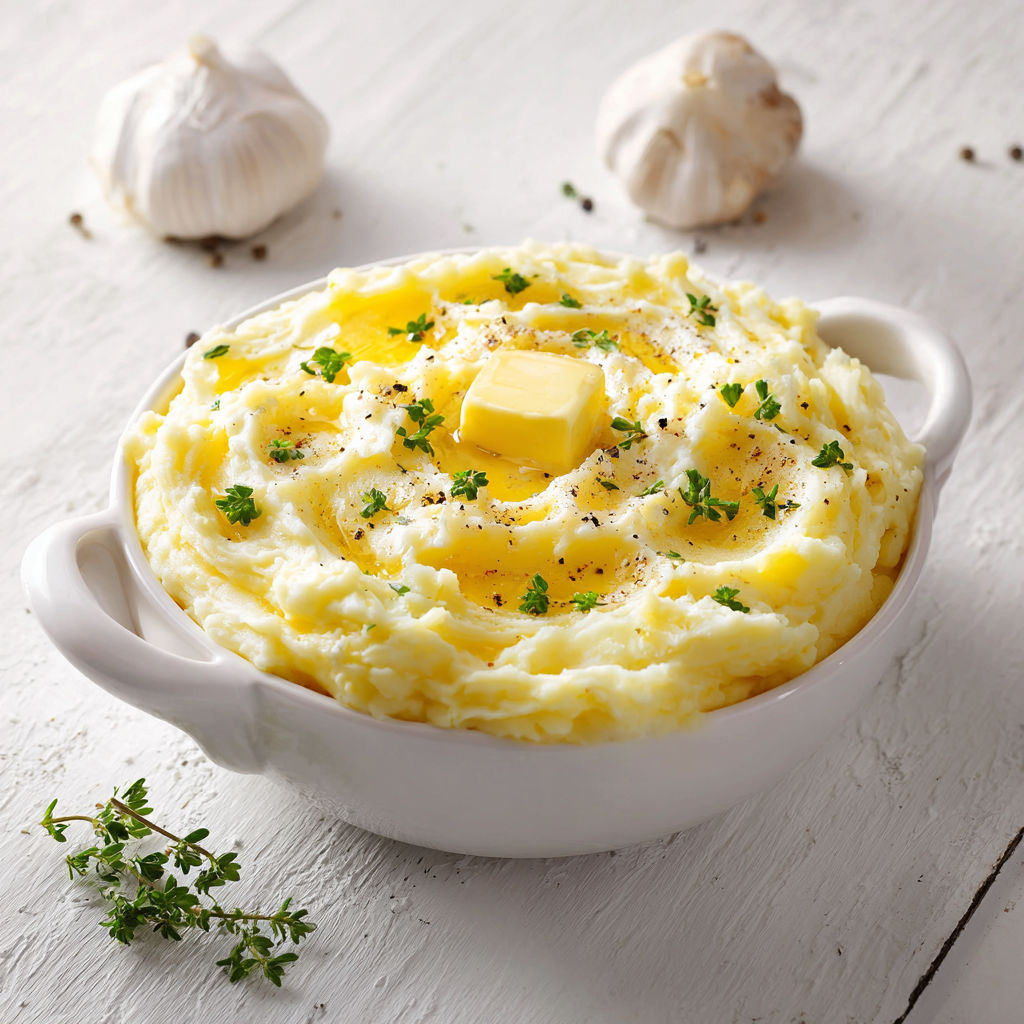 A bowl of creamy mashed potatoes with a yellow sauce.