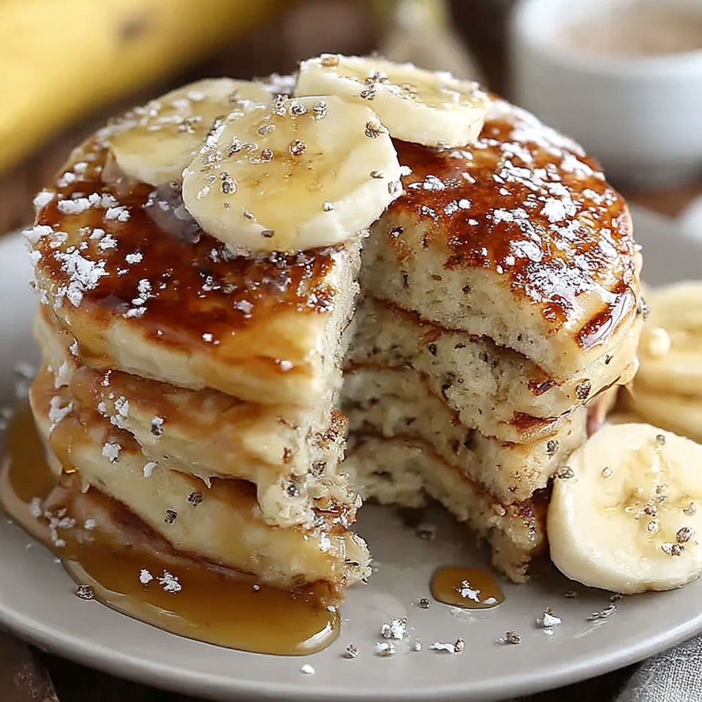 A stack of banana pancakes with syrup.