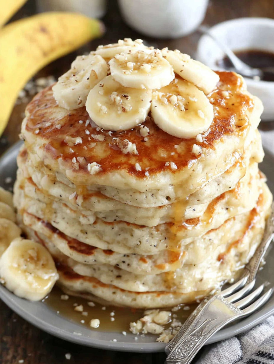 A stack of pancakes with bananas on top.