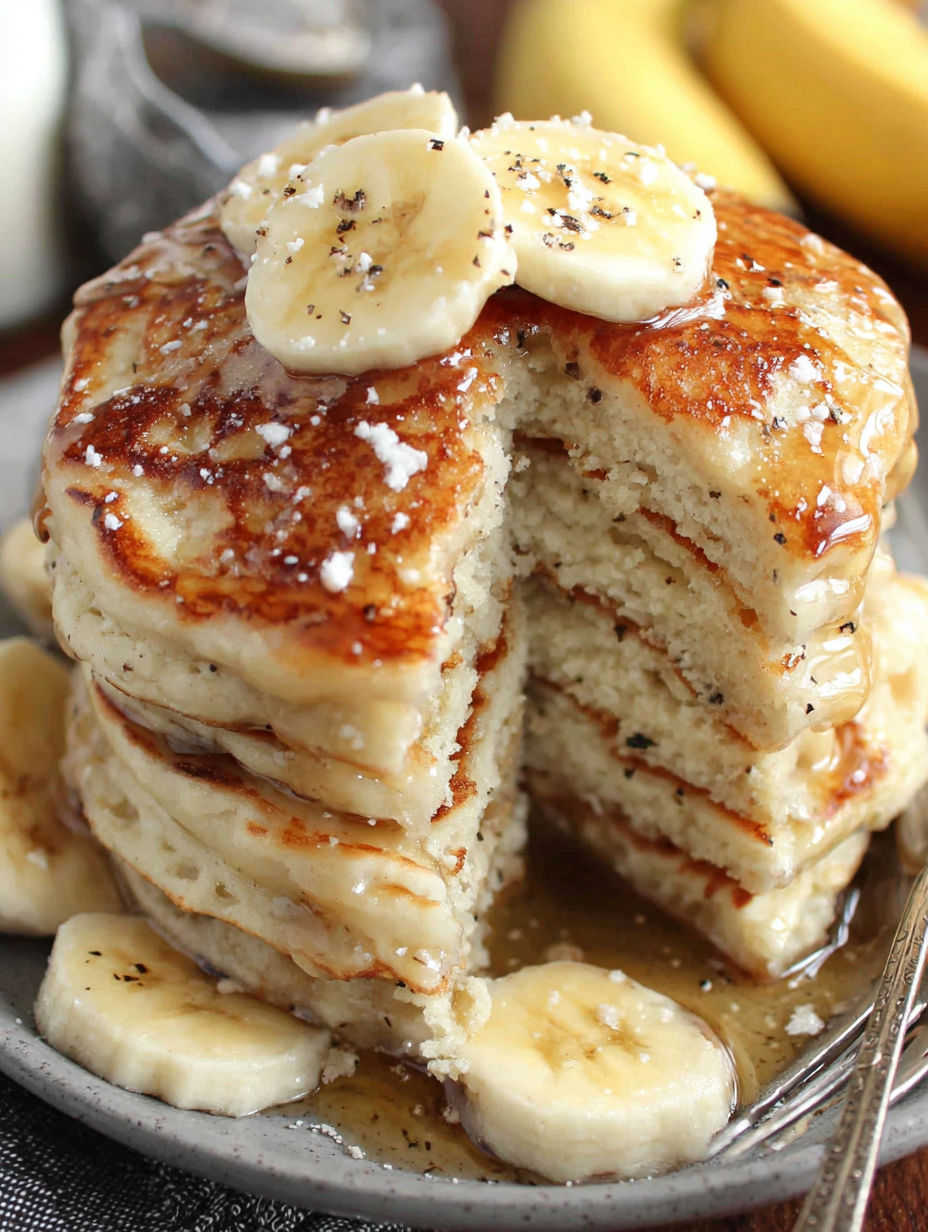 A stack of pancakes with bananas on top.
