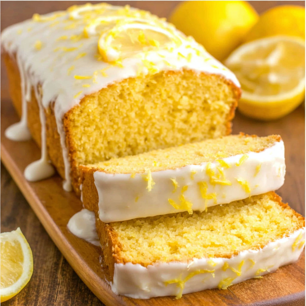 A slice of lemon bread on a wooden cutting board.