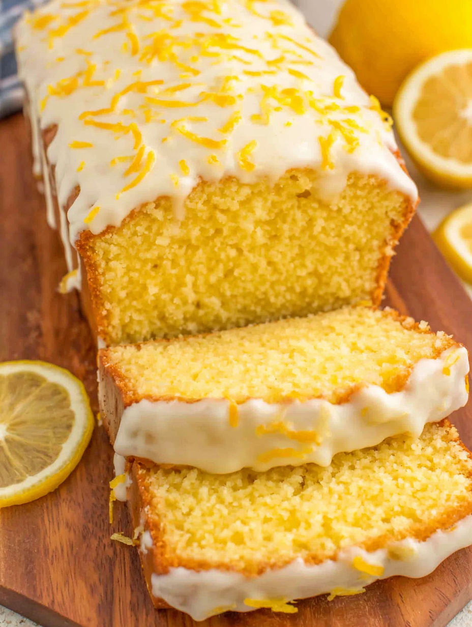A slice of lemon bread with white icing.