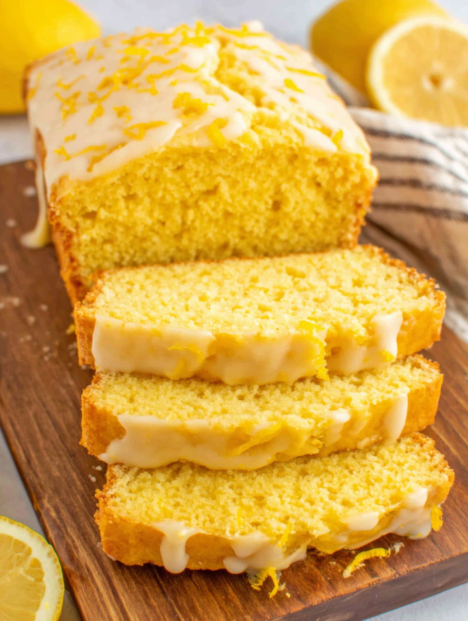 A slice of lemon bread with white frosting.