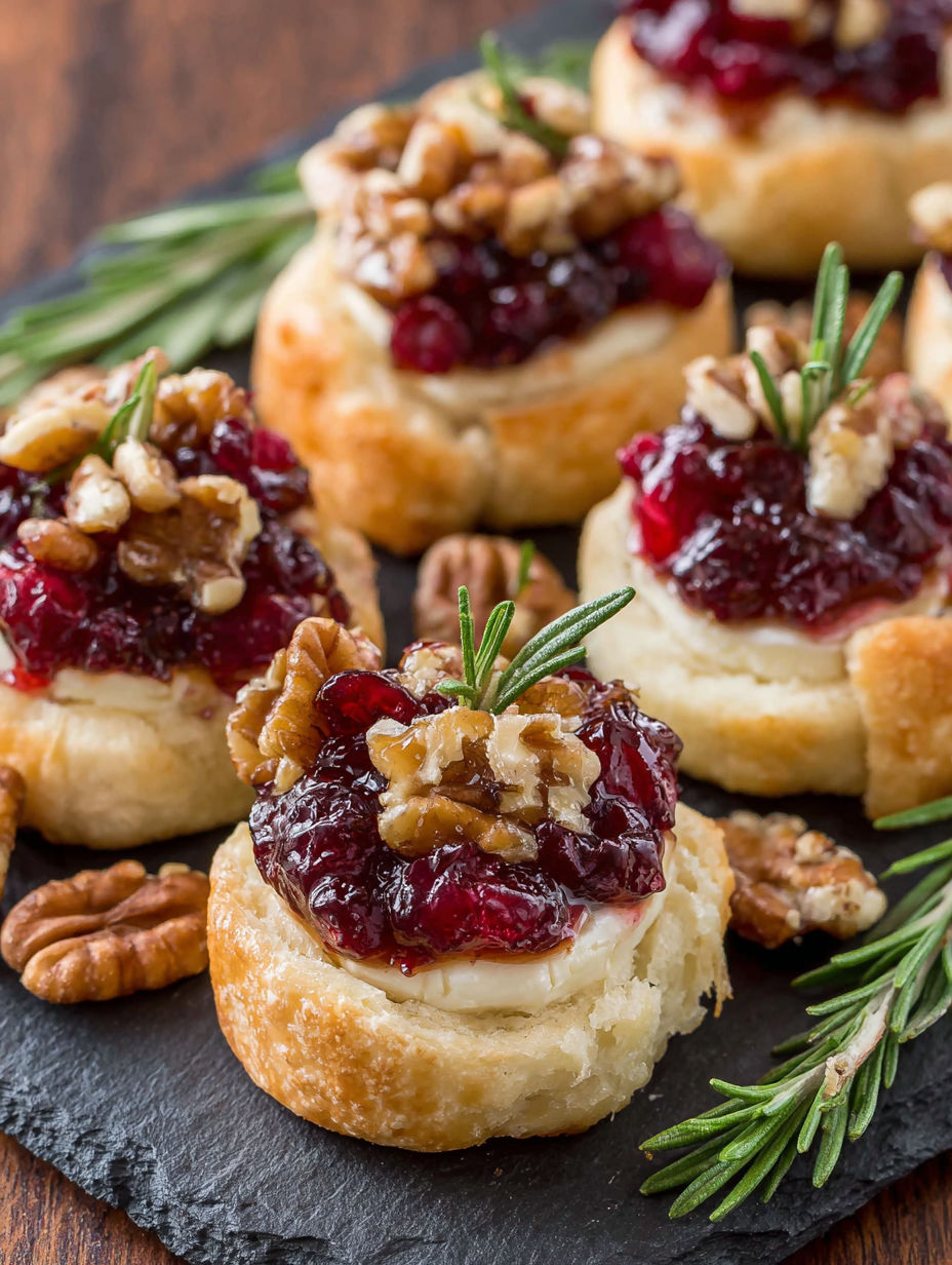 A plate of cranberry brie bites with orange garnish.