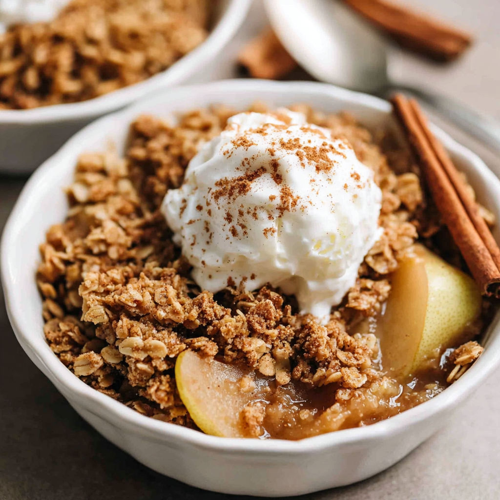 A bowl of cinnamon-spiced pear crisp.