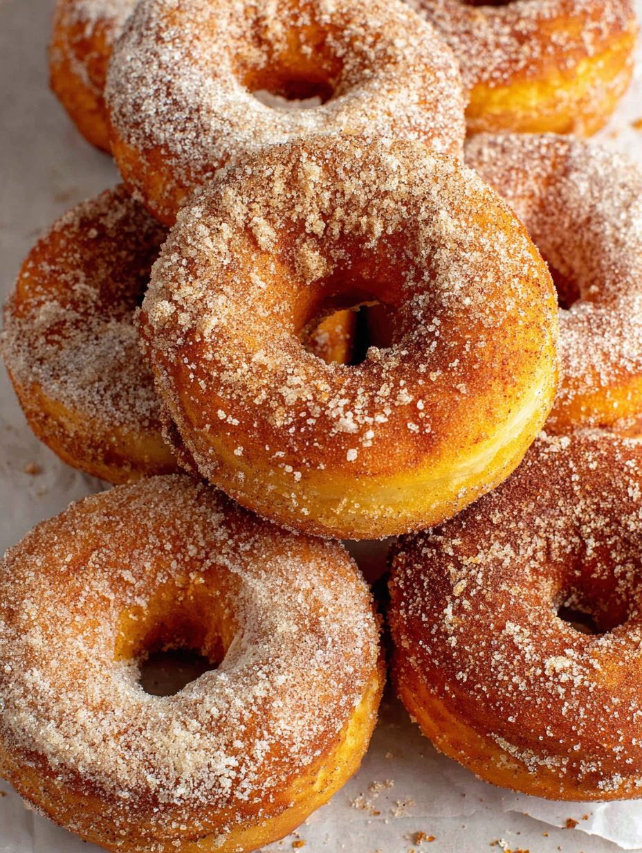 A pile of sugar coated donuts.