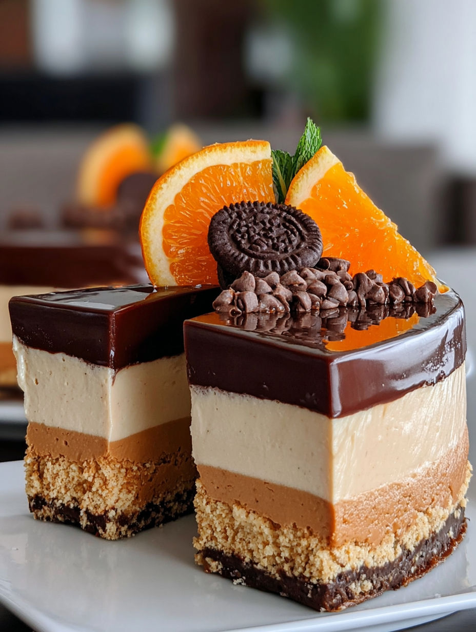 A slice of chocolate orange cheesecake.