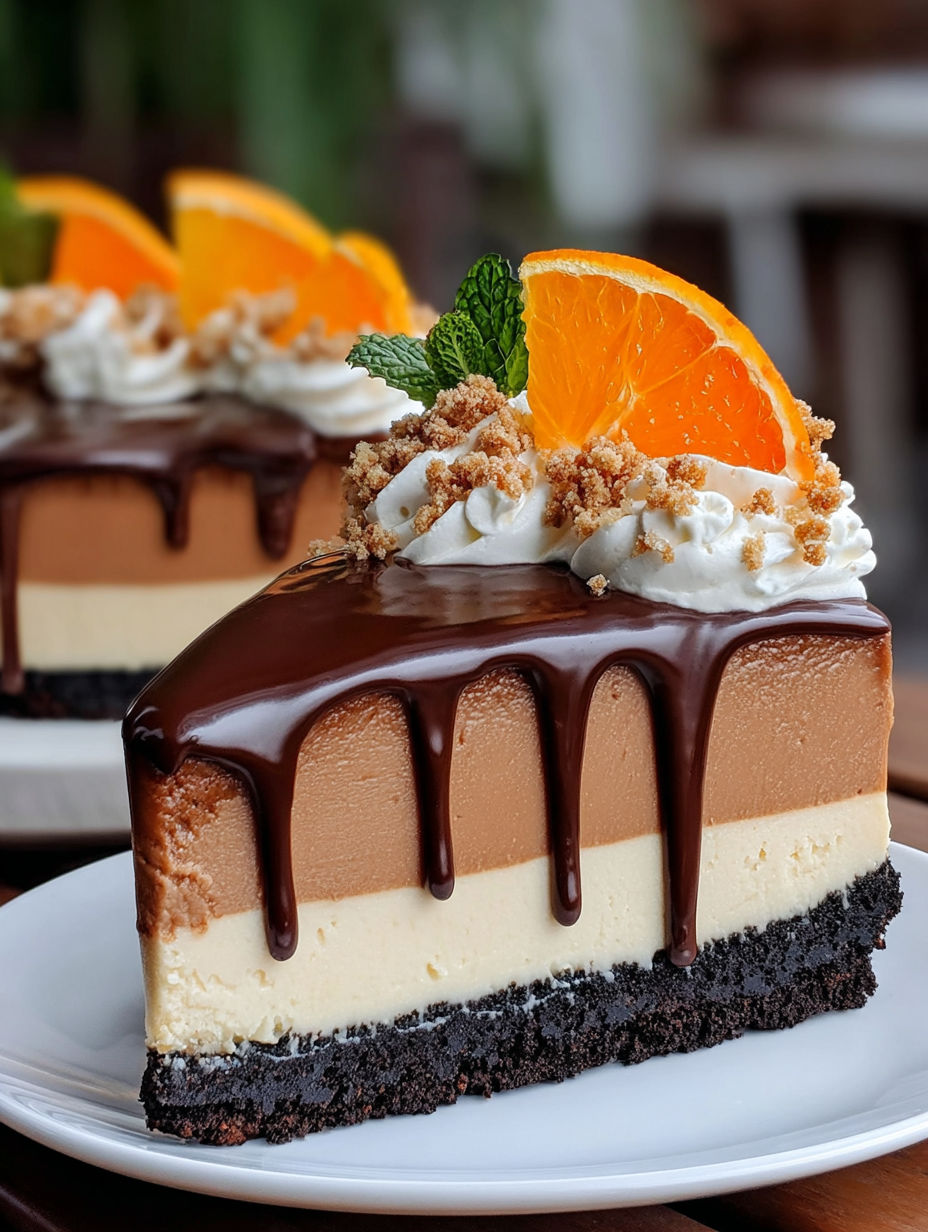 A slice of chocolate orange cheesecake.